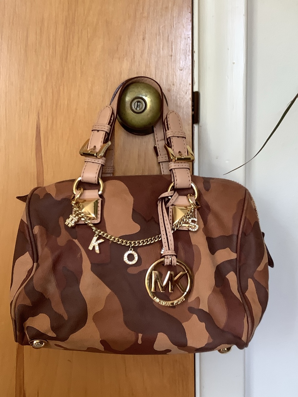 Michael Kors Brown & Tan Camo Satchel with Gold Hardware